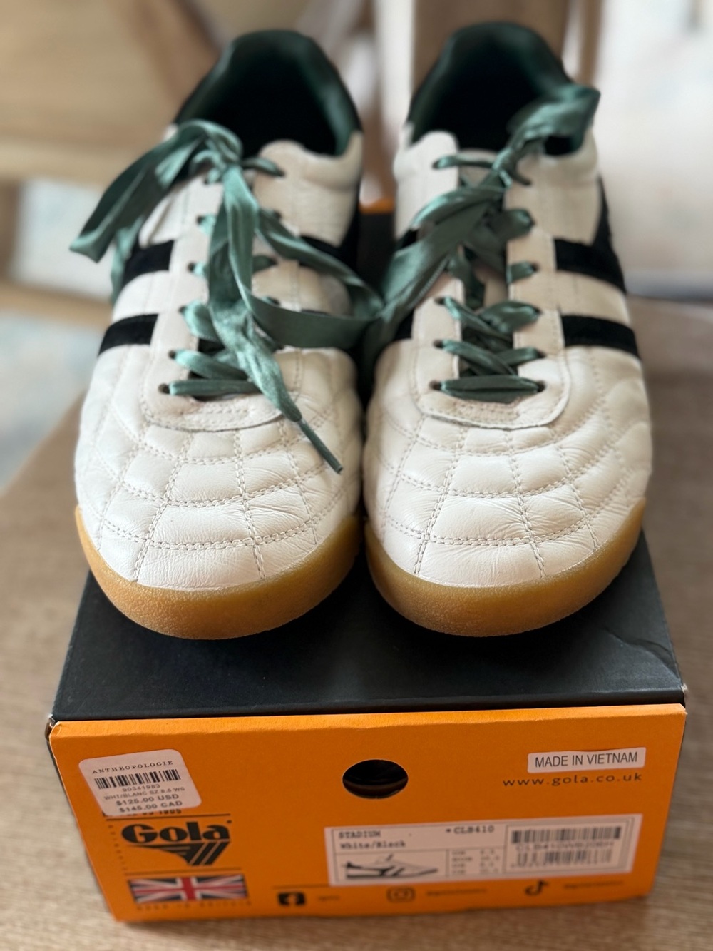 Gola x Anthropologie White Sneakers with Black Stripes and Green Accents